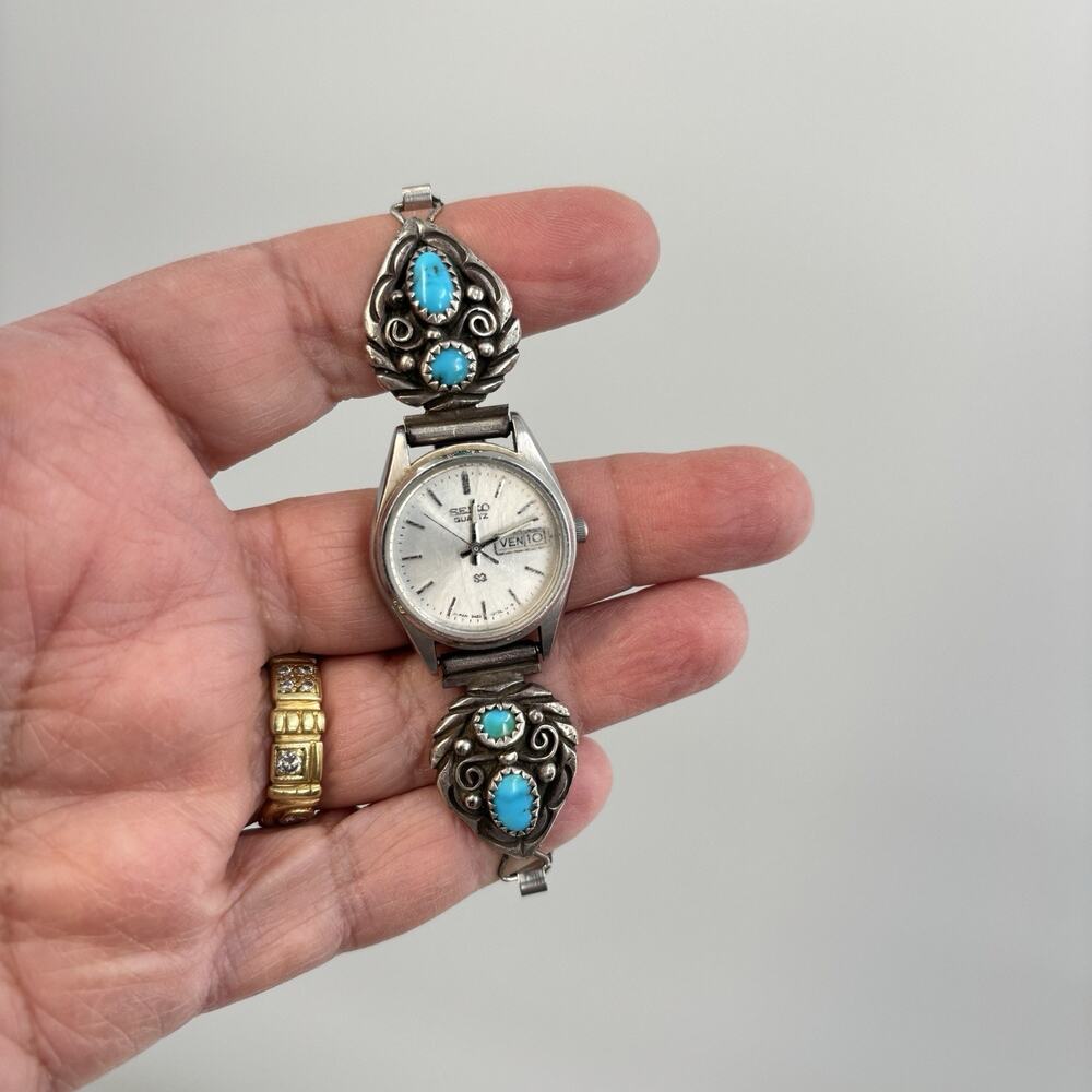 Vtg Seiko Quartz Watch Sterling Silver Turquoise Watch Tips Southwestern Navajo - Picture 7 of 13